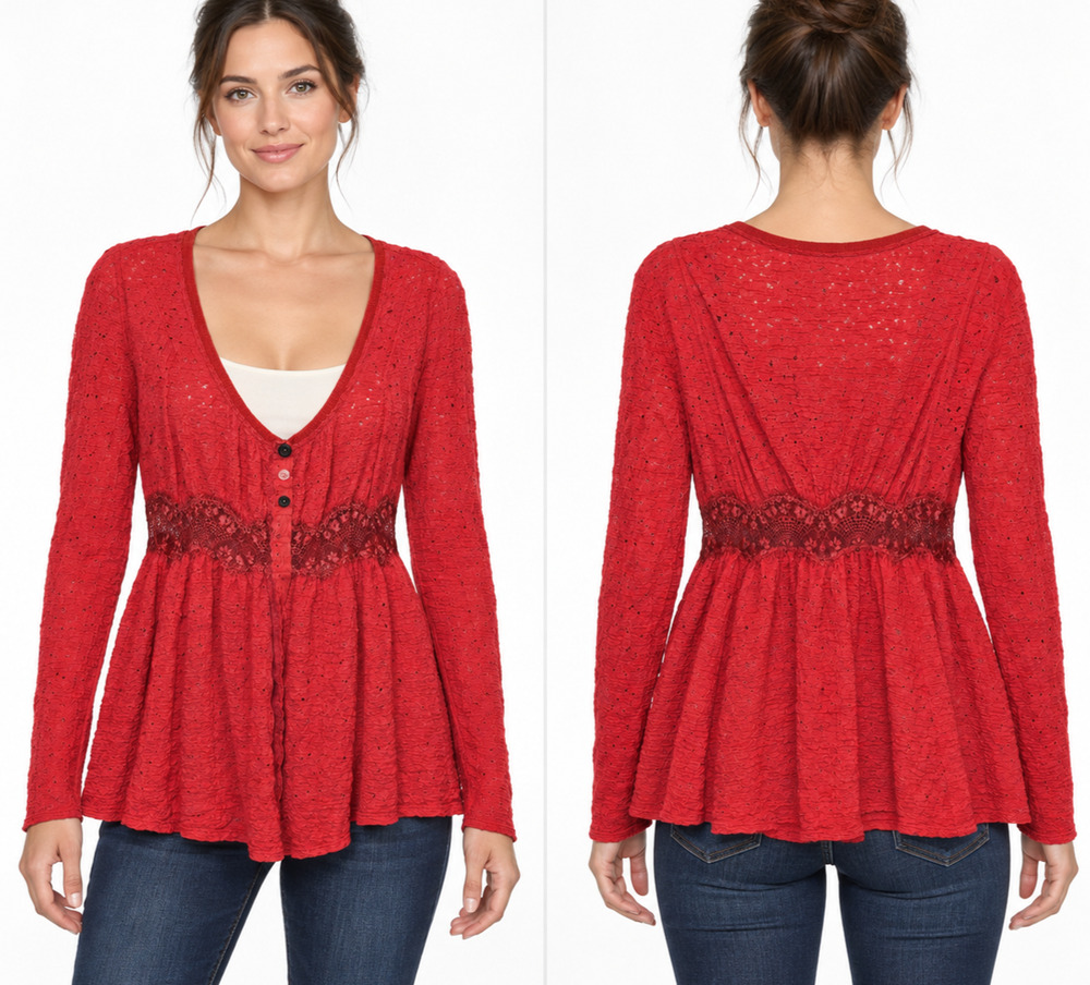 Free People Womens M Coral Red Lace Eyelet Peplum Cardigan Boho Peasant Buttons